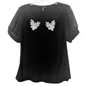Zero 2 Eight Black Blouse, Vintage-inspired Lace Applique Collar Size L‎